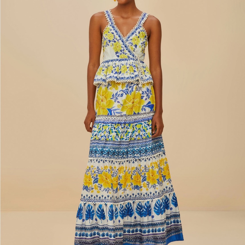 FARM Rio Yellow and Blue Floral Maxi skirt